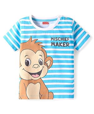 Babyhug Cotton Knit Half Sleeves T-Shirt with Monkey Print & Stripes - Light Blue