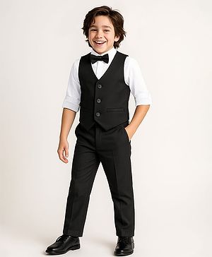 Pine Kids Knit Full Sleeves Solid Color 3 Piece Party Suit with Bow - Black