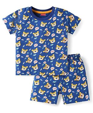 Babyhug Single Jersey Knit Half Sleeves Co-ords T-Shirt & Shorts Set with Tiger Print - Navy Blue