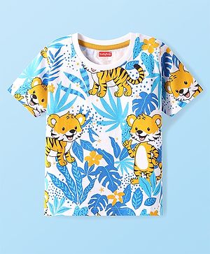 Babyhug Cotton Knit Half Sleeves T-Shirt with Jungle Theme Print - White