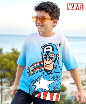 Pine Kids Marvel Terry Knit Half Sleeves Oversized Drop Shoulder Ombre Effect T-Shirt With Avengers Captain America Graphics - Light Blue