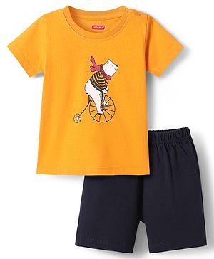 Babyhug Single Jersey Knit Half Sleeves T-Shirt & Shorts Set with Bear Print - Black & Mustard