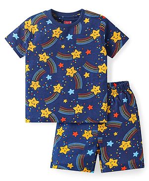 Babyhug Cotton Knit Half Sleeves Shorts Night Suit with Stars Print - Navy Blue