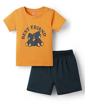 Babyhug Single Jersey Knit Half Sleeves T-Shirt & Short Set with Bear Print - Yellow & Black