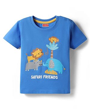 Babyhug Cotton Knit Half Sleeves T-Shirt With Animal Print - Blue
