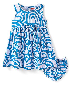 Babyhug Single Jersey Knit Sleeveless Printed Frock With Bow Applique & Bloomer - Blue & White