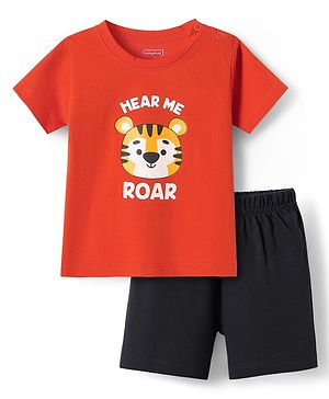 Babyhug Single Jersey Knit Half Sleeves T-Shirt & Shorts Set with Tiger Print - Black & Red