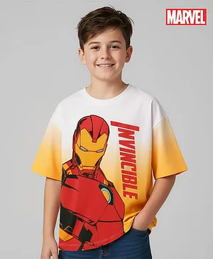 Pine Kids Marvel Terry Knit Half Sleeves Oversized Drop Shoulder Ombre Effect T-Shirt With Avengers Iron Man Graphics -Yellow & White