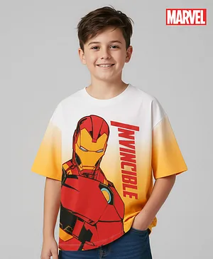 Pine Kids Marvel Terry Knit Half Sleeves Oversized Drop Shoulder Ombre Effect T-Shirt With Avengers Iron Man Graphics -Yellow & White