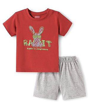 Babyhug Single Jersey Knit Half Sleeves T-Shirt & Shorts Set with Animal Print & Text - Red & Grey