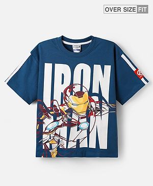 Pine Kids Marvel Terry Knit Half Sleeves Oversize Drop Shoulder T-Shirt With Avengers-Iron Man Graphics And Badge Detailing - Navy Blue