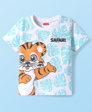 Babyhug Cotton Knit Half Sleeves T-Shirt with Safari Theme Print - White