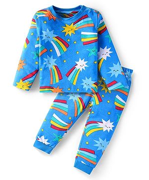 Babyhug Cotton Knit Full Sleeves Night Suit with Rainbow Theme Print - Blue