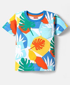 Babyhug Cotton  Knit Half Sleeves T-Shirt with Leaves Print - White & Yellow