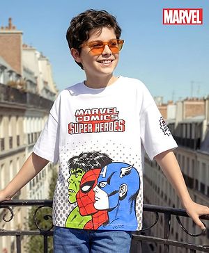 Pine Kids Marvel Terry Knit Half Drop Shoulder Sleeves Oversized T-Shirt with Avengers Graphics & Badge Detailing - White