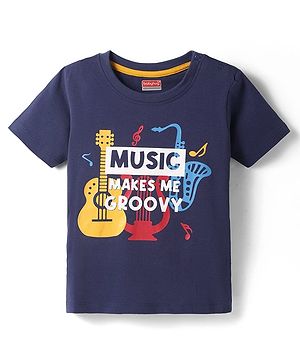 Babyhug Cotton Knit Half Sleeves T-Shirt With Music Makes Me Groovy Text Print - Navy Blue