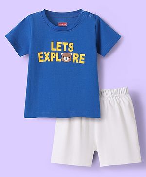 Babyhug Single Jersey Knit Half Sleeves T-Shirt & Shorts Set With Teddy Bear Print - Blue & White