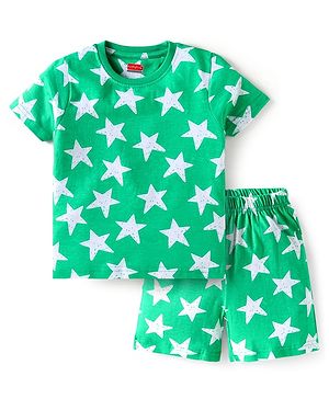 Babyhug Cotton Knit Half Sleeves Shorts Night Suit With Star Print - Green