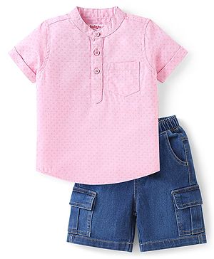 Babyhug Cotton Woven Half Sleeves Mandarin Collared Solid Shirt & Denim Shorts Set - Peach & Blue