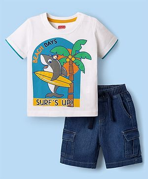 Babyhug Single Jersey Knit Half Sleeves T-Shirt & Denim Shorts Set with Beach Theme Print - White & Blue