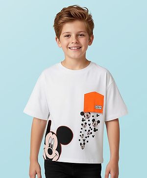Pine Kids Marvel Terry Knit Half Sleeves Oversize And Drop Shoulder T-Shirt With Mickey Mouse Graphics And Reversible Pocket Detailing - White