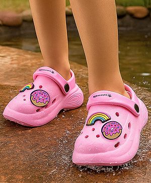 Cute Walk by Babyhug Back Strap Closure Clogs with Donuts & Rainbow Applique - Pink