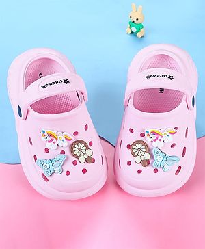 Cute Walk by Babyhug Back Strap Closure Clogs with Unicorn Floral & Butterfly Applique - Light Pink