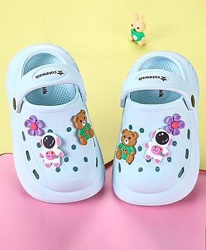 Cute Walk by Babyhug Back Strap Closure Clogs with Floral Astronaut & Bear Applique - Light Blue