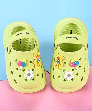 Cute Walk by Babyhug Back Strap Closure Clogs with Floral Bear & Balloon Applique - Light Green