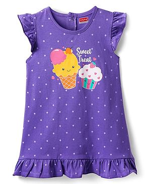 Babyhug Cotton Knit Frill Sleeves Nighty With Ice Cream & Polka Dot Print - Violet