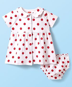 Babyhug Cotton Woven Half Sleeves Polka Dot Printed Front Open Frock With Bloomer - White