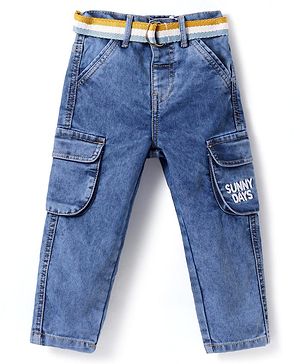 Babyhug Full Length Washed Denim Jeans with Fabric Belt - Blue