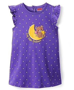 Babyhug Cotton Knit Frill Sleeves A Line Nighty with Polka Dots & Bear Print - Violet