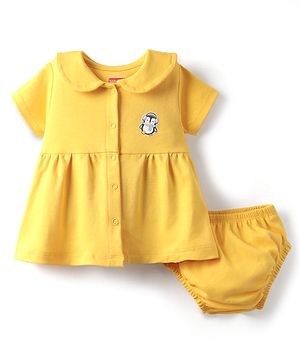 Babyhug Cotton Woven Half Sleeves Solid Colour Frock With Bloomers - Yellow