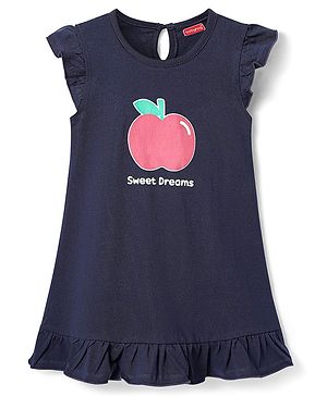 Babyhug Cotton Knit Frill Sleeves Nighty With Sweet Dream Text Print - Navy Blue
