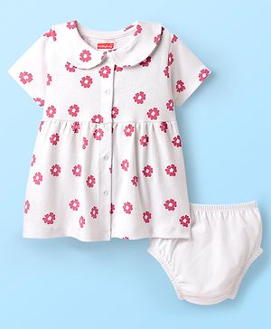 Babyhug Cotton Woven Peter Pan Collar Front Open Half Sleeves Frock & Bloomer With Floral Print - White