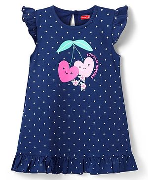 Babyhug Cotton Knit Frill Sleeves Nighty With Polka Dot Print - Navy Blue