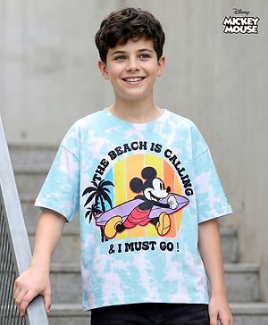 Pine Kids Disney Terry Knit Half Sleeves Oversized Drop Shoulder Tie And Dye T-Shirt With Mickey Mouse Graphics - Light Blue