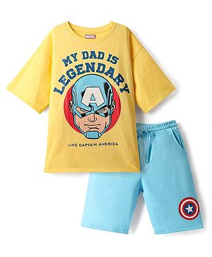 Pine Kids Marvel Single Jersey Knit Half Sleeves Drop Shoulder T-Shirt & Short Set With Captain America Graphics - Yellow & Blue