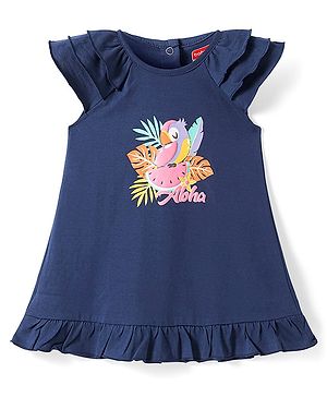Babyhug Cotton Knit Frill Sleeves Nighty with Bird Print - Navy Blue