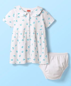 Babyhug Cotton Woven Musical Note Printed Front Open Frock With Bloomers - White