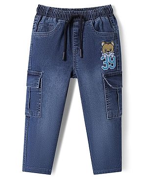 Babyhug Denim Full Length Washed Stretchable Jeans with Cub Embroidery - Navy Blue