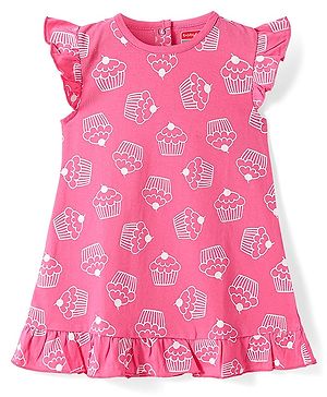 Babyhug Cotton Knit Frill Sleeves Nighty with Cup Cake Print - Dark Pink