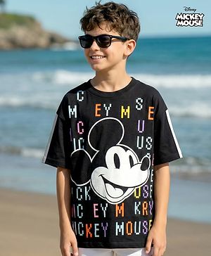 Pine Kids Disney Terry Knit Half Sleeves Oversize And Drop Shoulder T-Shirt With Mickey Mouse Graphics - Black
