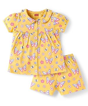 Babyhug Cotton Knit Half Sleeves Shorts Night Suit with Butterfly Print - Yellow