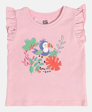 MINI KLUB Cotton Frill Sleeves Bird & Floral Printed Top - Pink