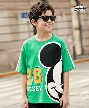 Pine Kids Marvel Terry Knit Half Sleeves Oversize And Drop Shoulder T-Shirt With Mickey Mouse Graphics - Light Green