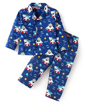 Babyhug Cotton Knit Full Sleeves Night Suit With Shark Print - Navy Blue