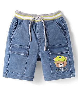 Babyhug Denim Above Knee Length Washed Bermuda With Stretch & Teddy Print - Blue