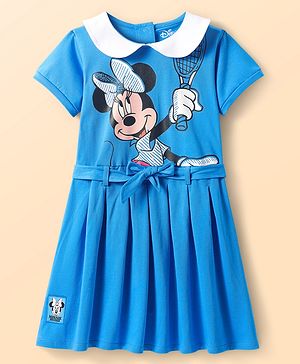 Babyhug Disney Single Jersey Knit Half Sleeves Peter Pan Collar Frock With Minnie Mouse Graphics & Fabric Belt - Blue